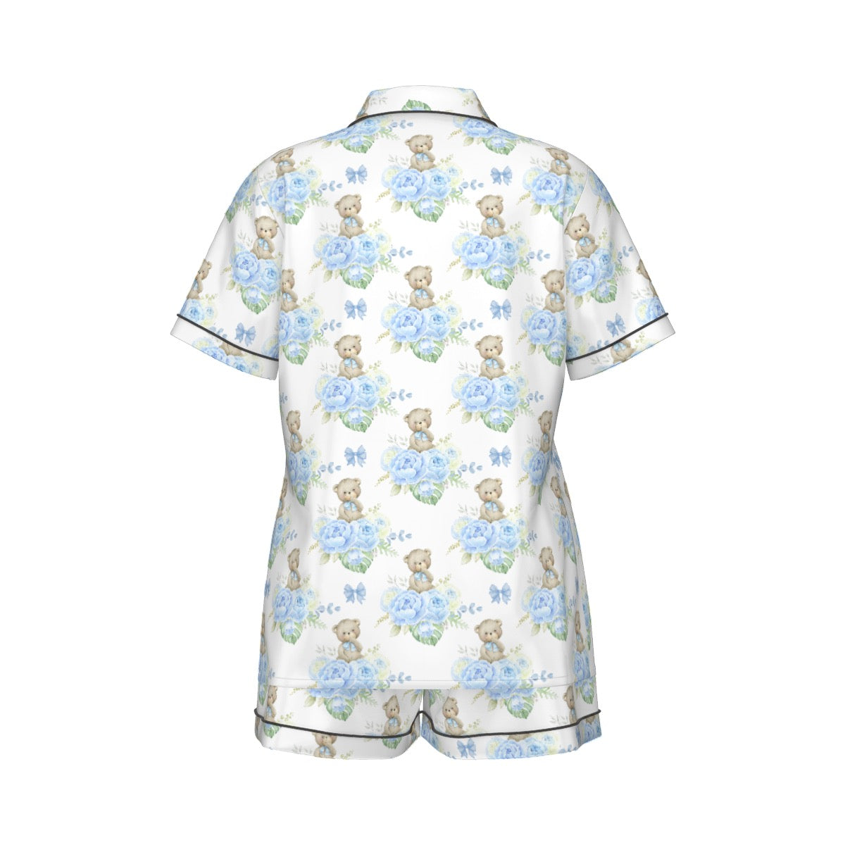 Blue Floral Teddy Bear Women's Pajama Set With Short Sleeve