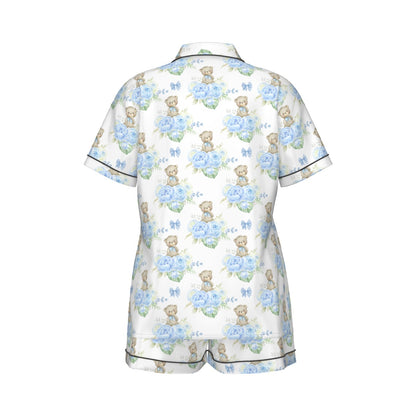 Blue Floral Teddy Bear Women's Pajama Set With Short Sleeve