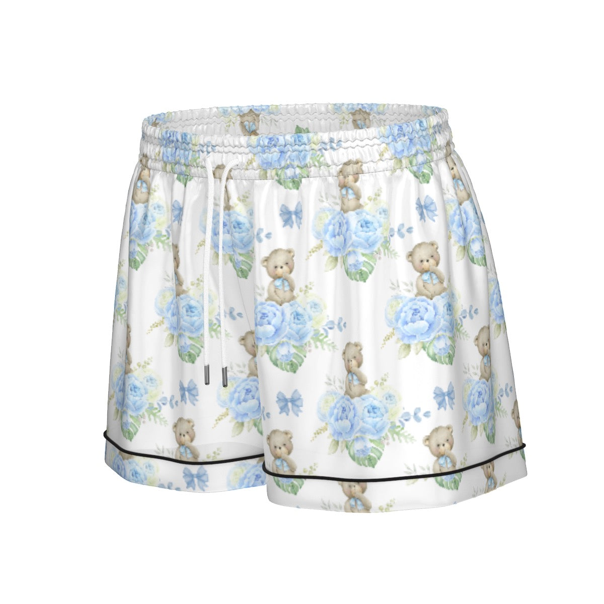 Blue Floral Teddy Bear Women's Pajama Set With Short Sleeve