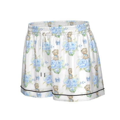 Blue Floral Teddy Bear Women's Pajama Set With Short Sleeve
