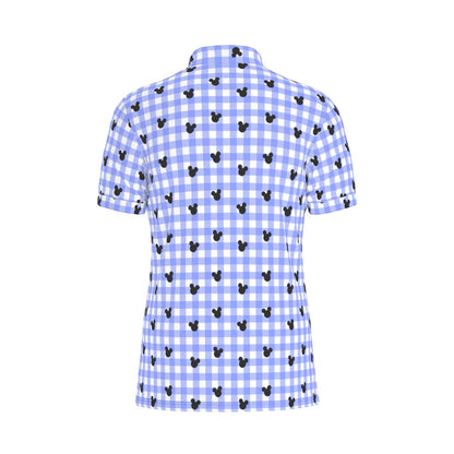 Bright Blue Gingham Men's Stretch Collar Polo Shirt