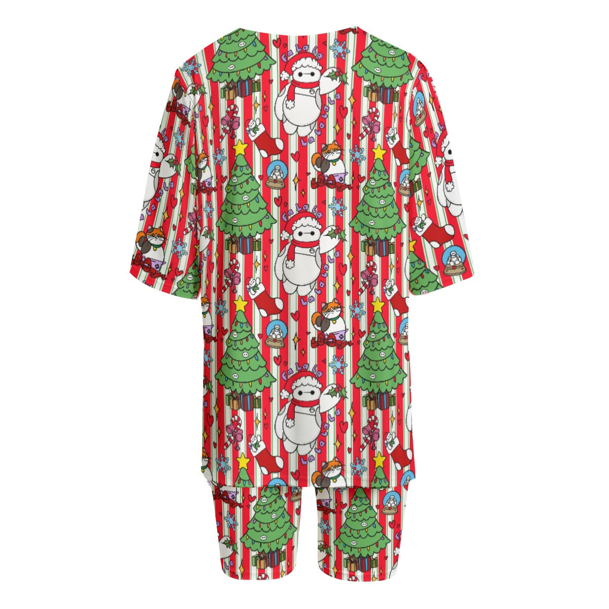 Striped Christmas Robot Women's T-shirt Set With Short Sleeve