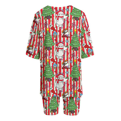 Striped Christmas Robot Women's T-shirt Set With Short Sleeve