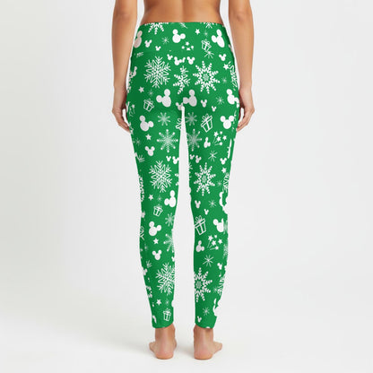 Green Snowflake Women's High Waist Leggings With Side Pocket
