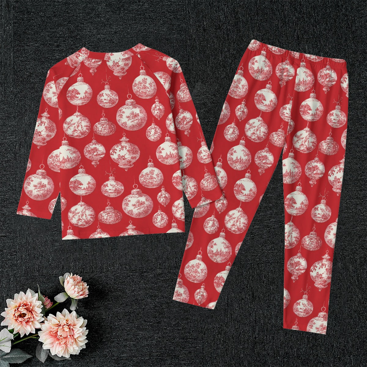 Red Toile Christmas Ornaments Kid's Raglan Sleeve Pajamas