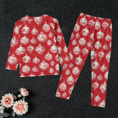 Red Toile Christmas Ornaments Kid's Raglan Sleeve Pajamas