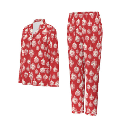 Red Toile Christmas Ornaments Women's Long Sleeve Pajama Set With White Contrast Piping