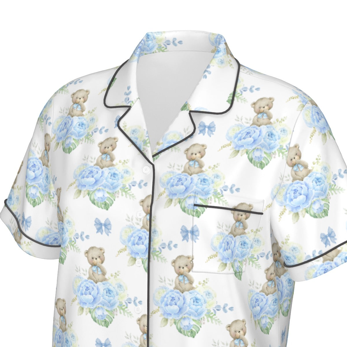 Blue Floral Teddy Bear Women's Pajama Set With Short Sleeve