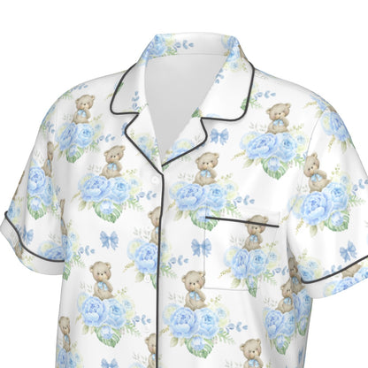 Blue Floral Teddy Bear Women's Pajama Set With Short Sleeve