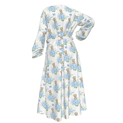 Blue Floral Teddy Bear Women's Lace-up Chiffon Robe