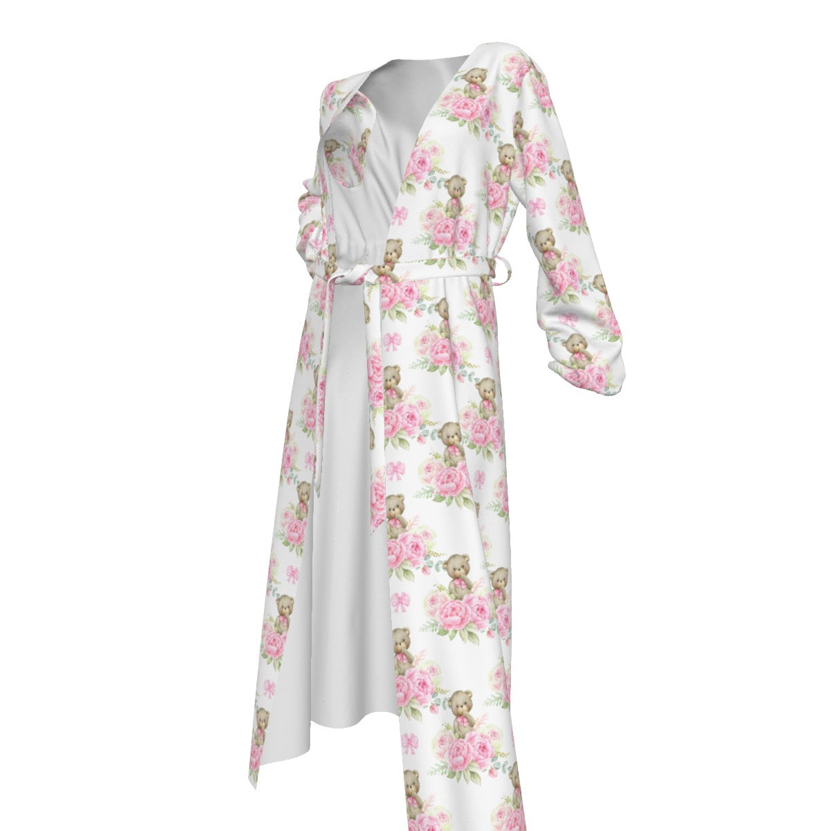 Pink Floral Teddy Bear Women's Lace-up Chiffon Robe