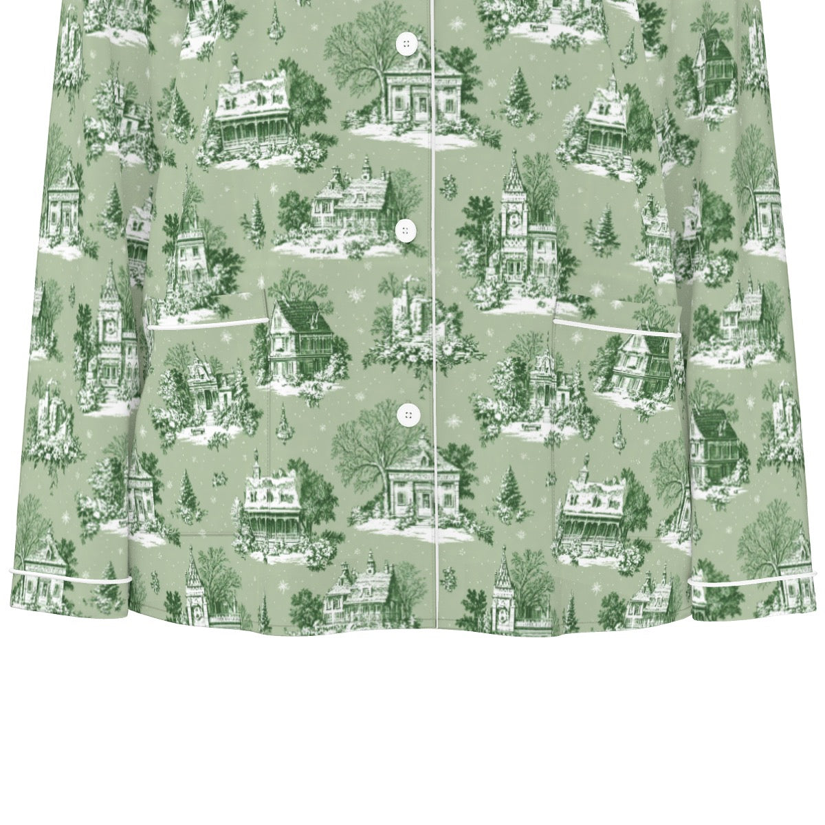 Sage Christmas Toile Women's Long Sleeve Pajama Set With White Contrast Piping