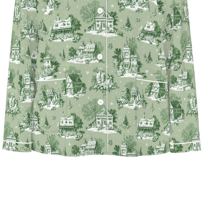 Sage Christmas Toile Women's Long Sleeve Pajama Set With White Contrast Piping