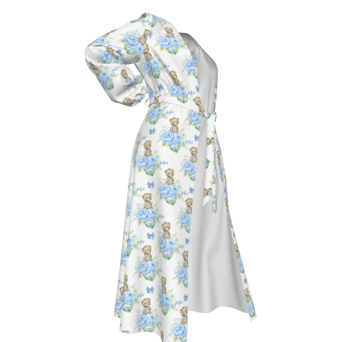 Blue Floral Teddy Bear Women's Lace-up Chiffon Robe