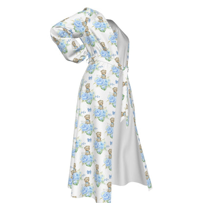 Blue Floral Teddy Bear Women's Lace-up Chiffon Robe
