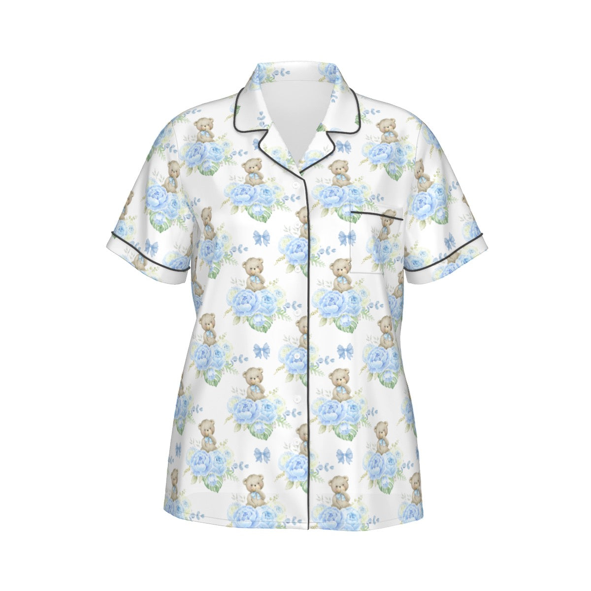 Blue Floral Teddy Bear Women's Pajama Set With Short Sleeve