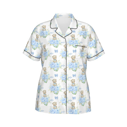 Blue Floral Teddy Bear Women's Pajama Set With Short Sleeve