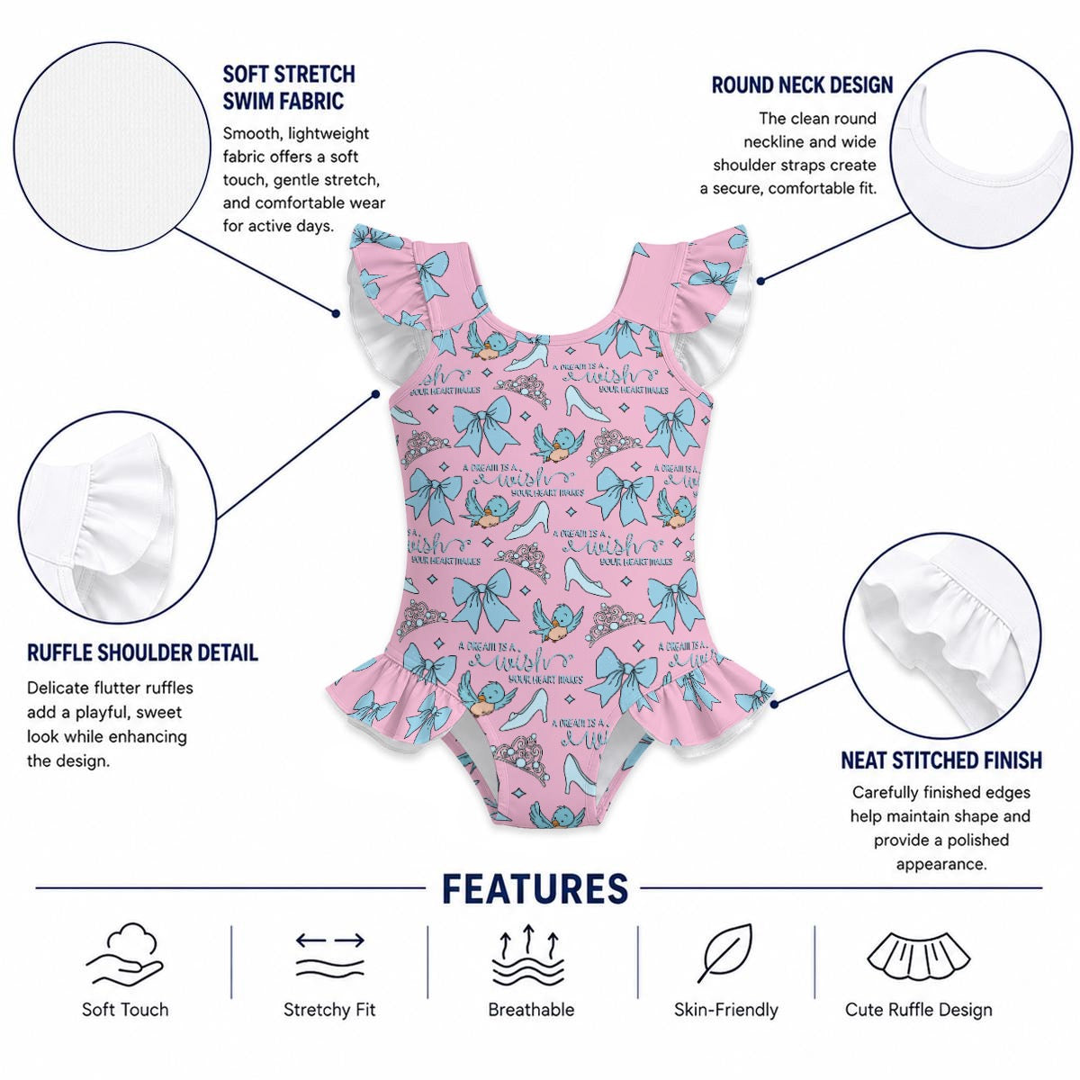 A Dream [pink] Girls' Ruffle Sleeve Swimsuit With Bow