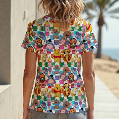 Colorful Checkered Winnie Women‘s V-neck T-Shirt