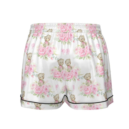 Pink Floral Teddy Bear Women's Pajama Set With Short Sleeve
