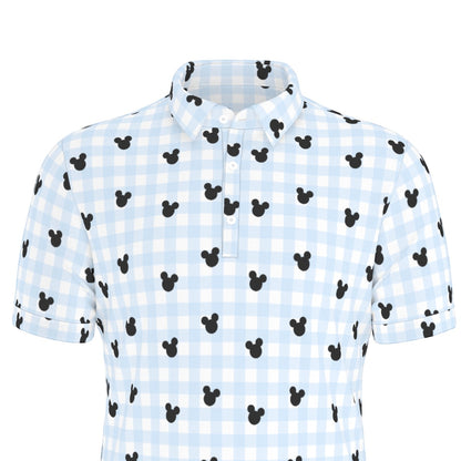 Blue Gingham Men's Stretch Collar Polo Shirt