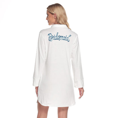 Bridesmaid [blue] Women's Lapel Shirt Dress With Long Sleeve