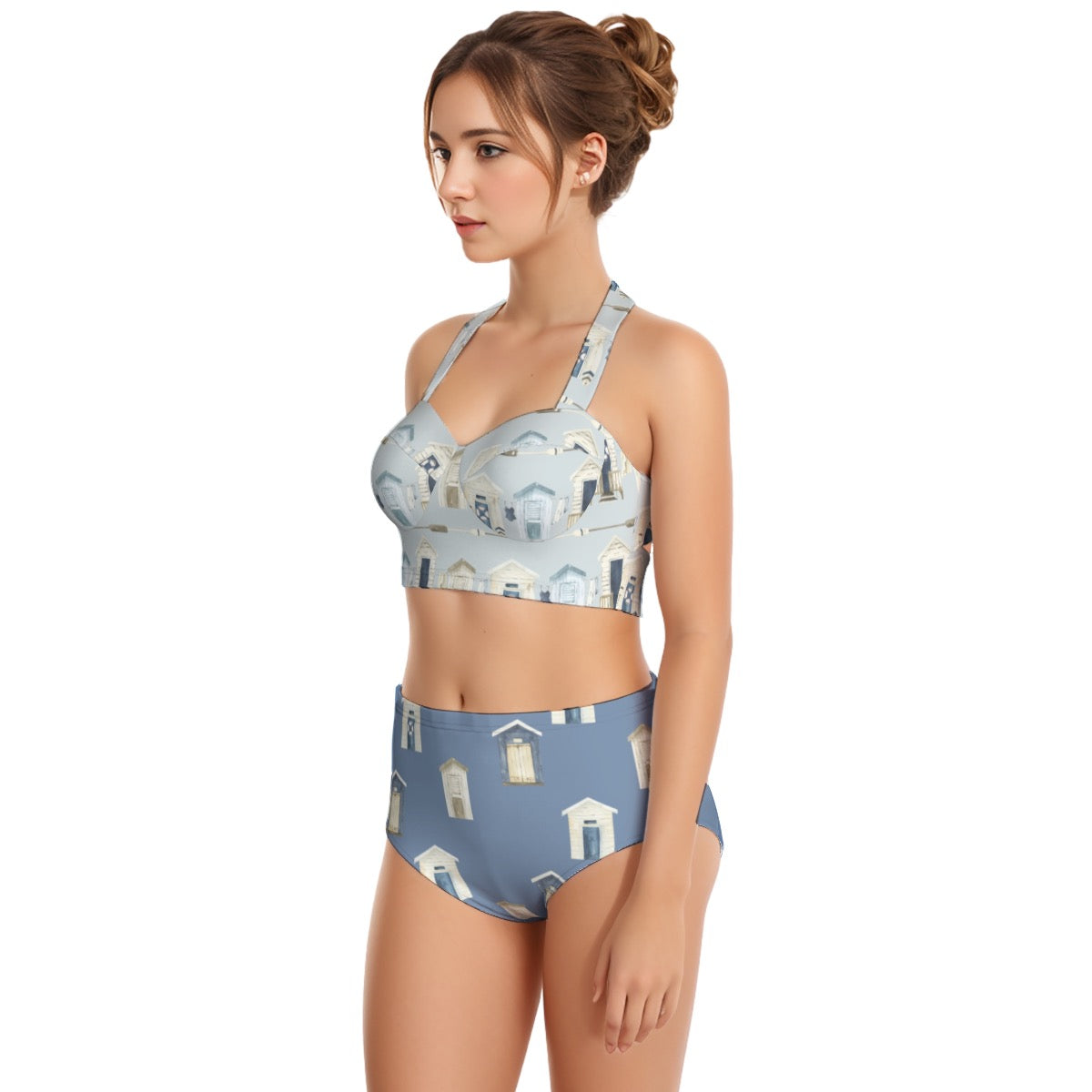 Beach Houses & Oars/Dark Blue Beach Houses Women's Swimsuit Set With Halter