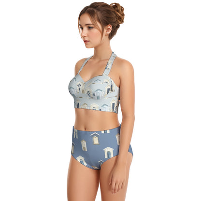 Beach Houses & Oars/Dark Blue Beach Houses Women's Swimsuit Set With Halter