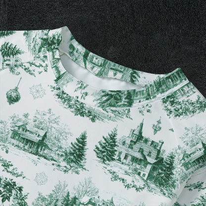 Dark Green Christmas Toile Kid's Raglan Sleeve Pajamas