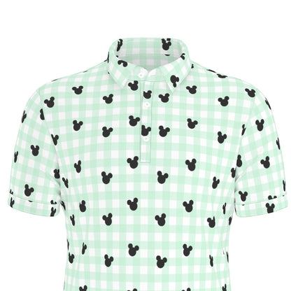 Green Gingham Men's Stretch Collar Polo Shirt