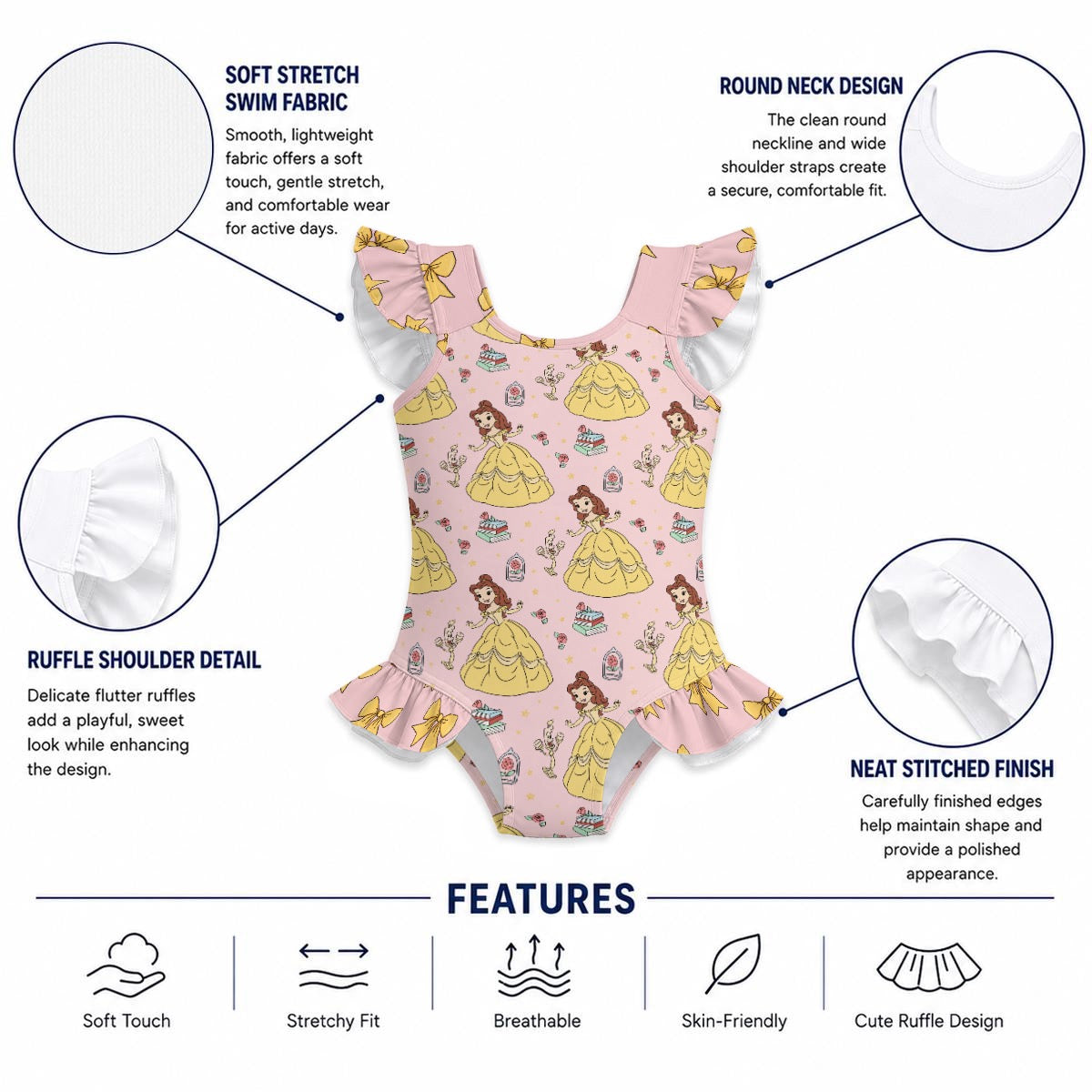 The Beautiful Princess Girls' Ruffle Sleeve Swimsuit With Bow