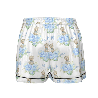 Blue Floral Teddy Bear Women's Pajama Set With Short Sleeve