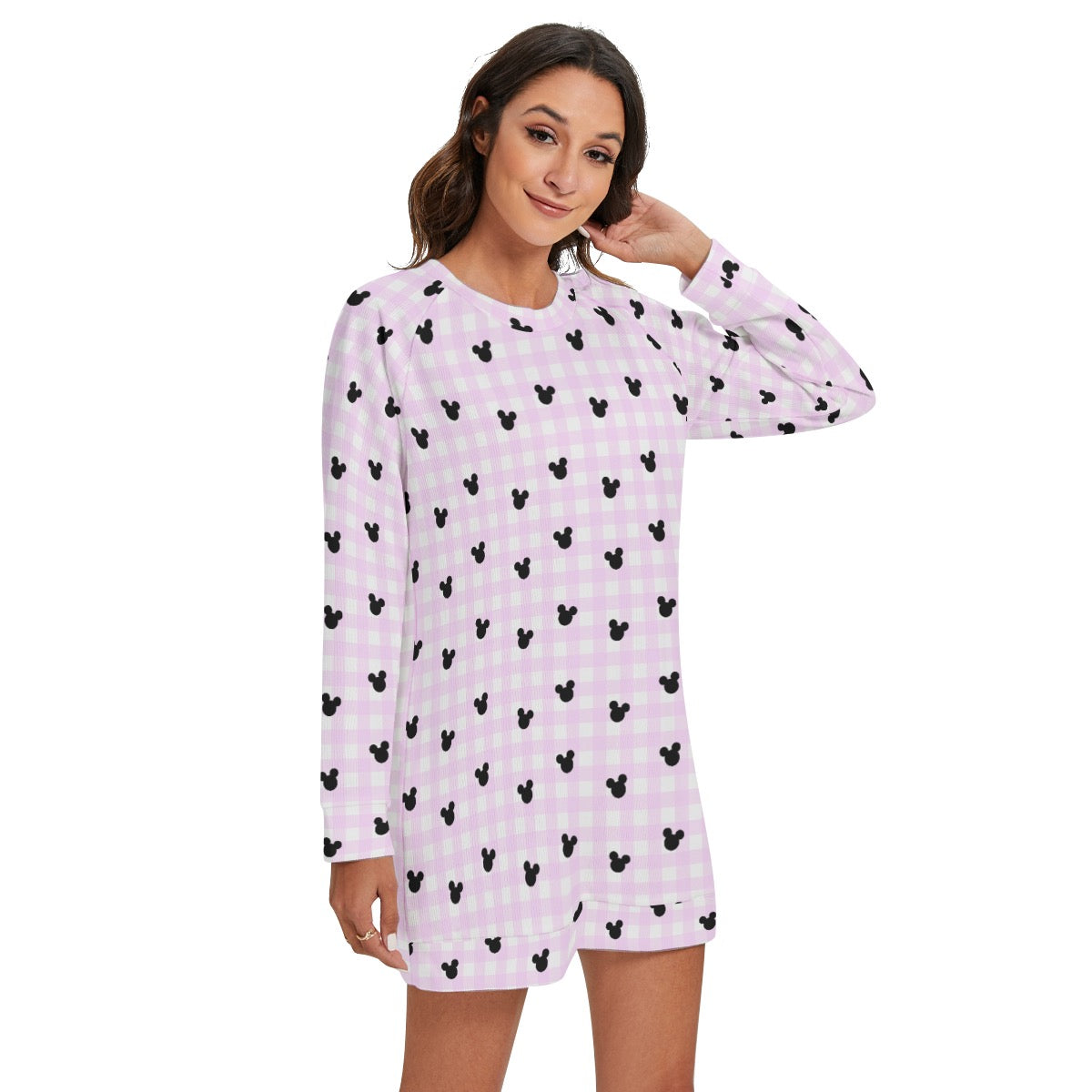 Bright Pink Gingham Women's Round Neck Raglan Sleeve Sweater