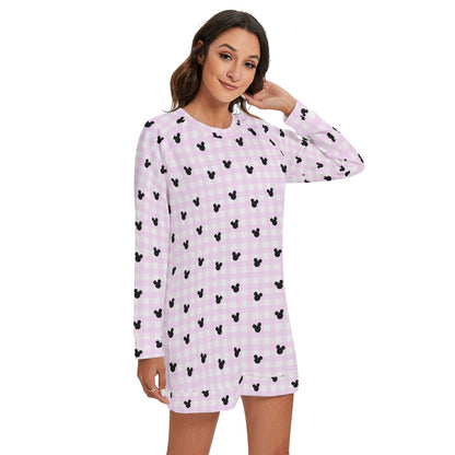 Bright Pink Gingham Women's Round Neck Raglan Sleeve Sweater