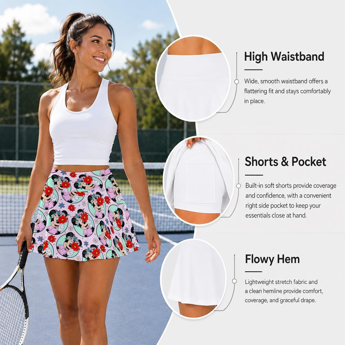 Floral Minnie Women's Pleated Athletic Skort