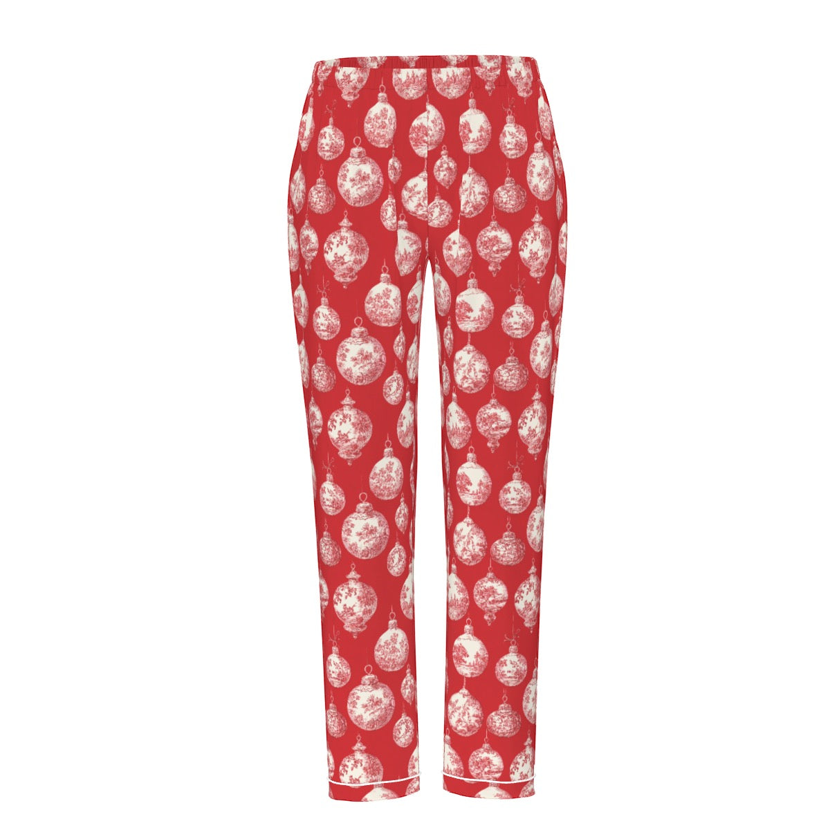 Red Toile Christmas Ornaments Women's Long Sleeve Pajama Set With White Contrast Piping