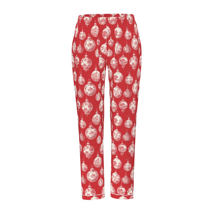 Red Toile Christmas Ornaments Women's Long Sleeve Pajama Set With White Contrast Piping