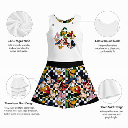 Checkered Friends Panel Girl's Sports Tank & Skort Set