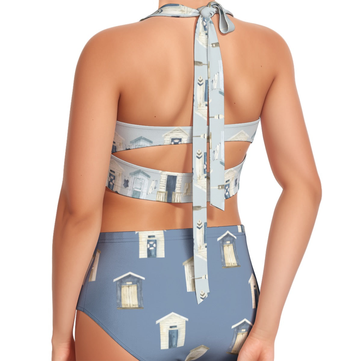 Beach Houses & Oars/Dark Blue Beach Houses Women's Swimsuit Set With Halter
