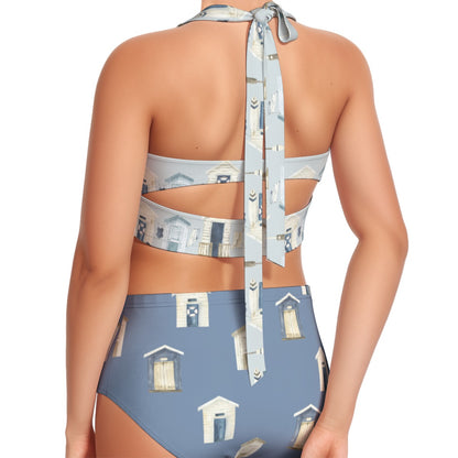 Beach Houses & Oars/Dark Blue Beach Houses Women's Swimsuit Set With Halter