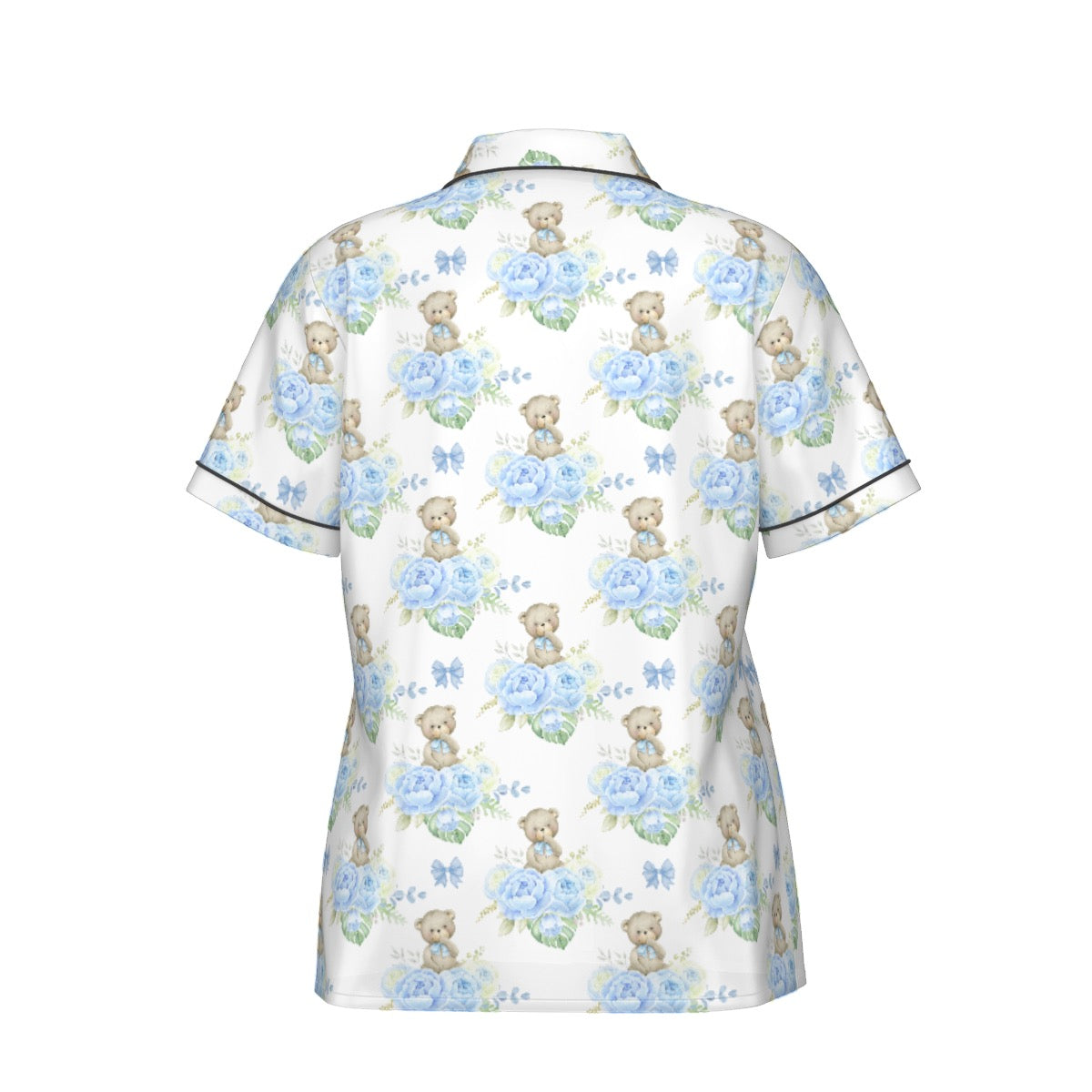 Blue Floral Teddy Bear Women's Pajama Set With Short Sleeve