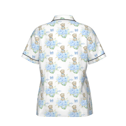 Blue Floral Teddy Bear Women's Pajama Set With Short Sleeve