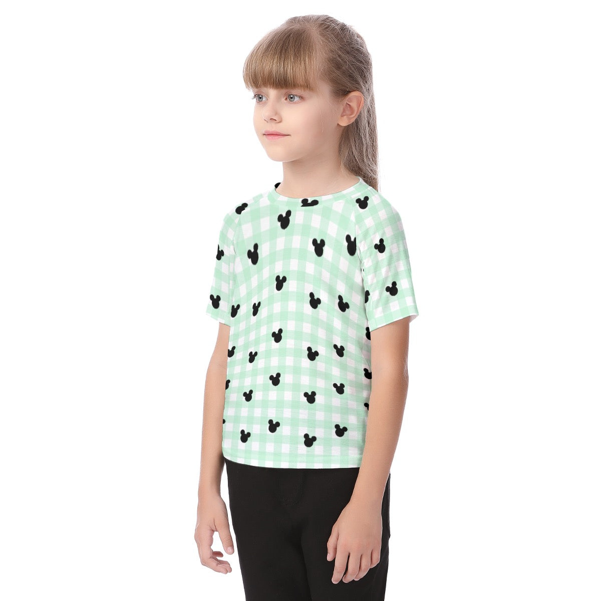 Green Gingham Kid's Raglan Sleeve T-shirt