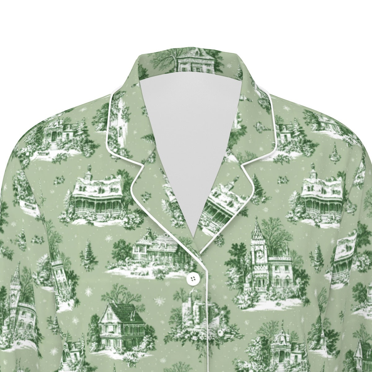 Sage Christmas Toile Women's Long Sleeve Pajama Set With White Contrast Piping