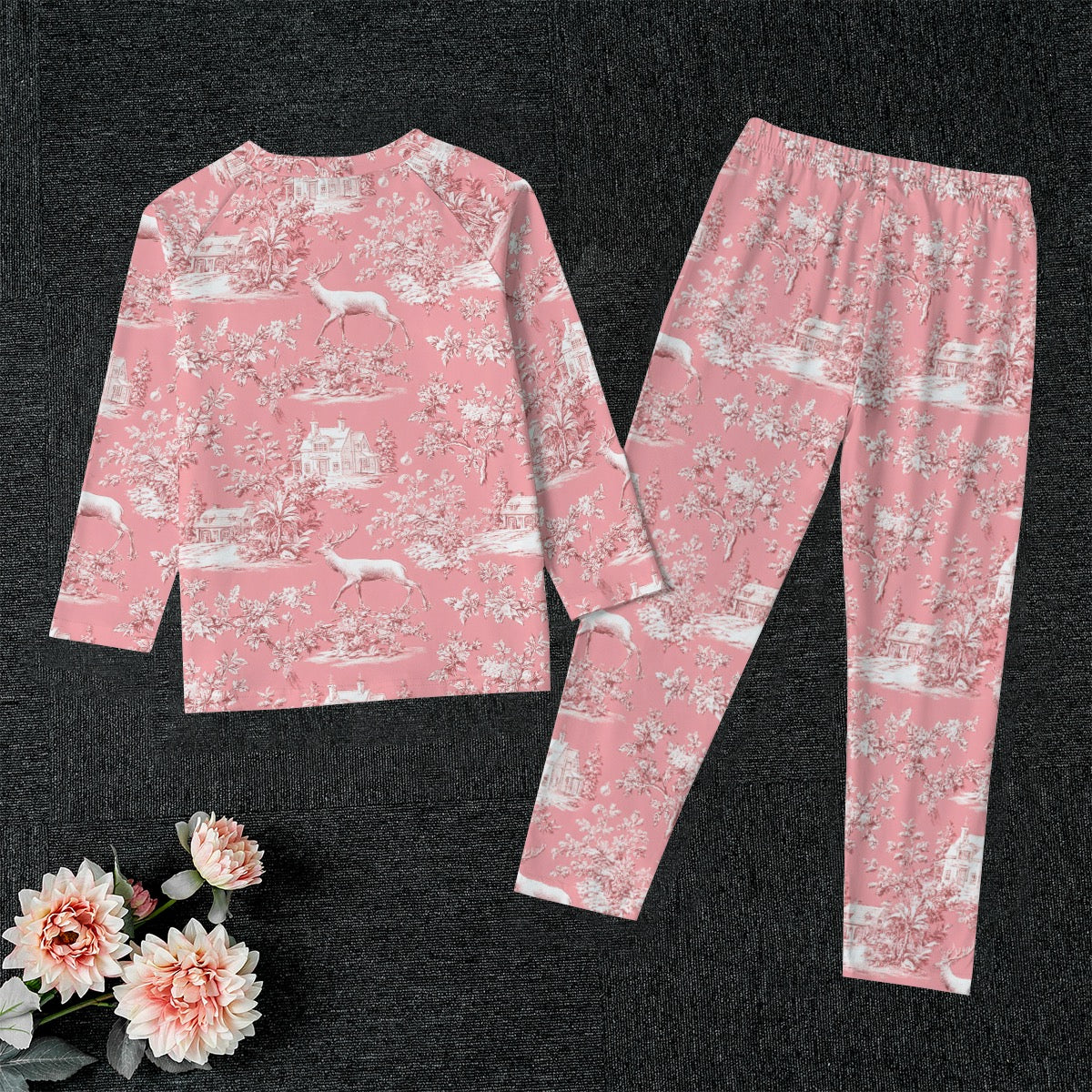 Pink Christmas Toile Kid's Raglan Sleeve Pajamas