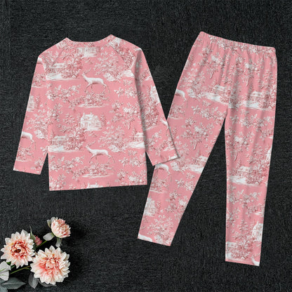 Pink Christmas Toile Kid's Raglan Sleeve Pajamas