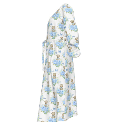 Blue Floral Teddy Bear Women's Lace-up Chiffon Robe