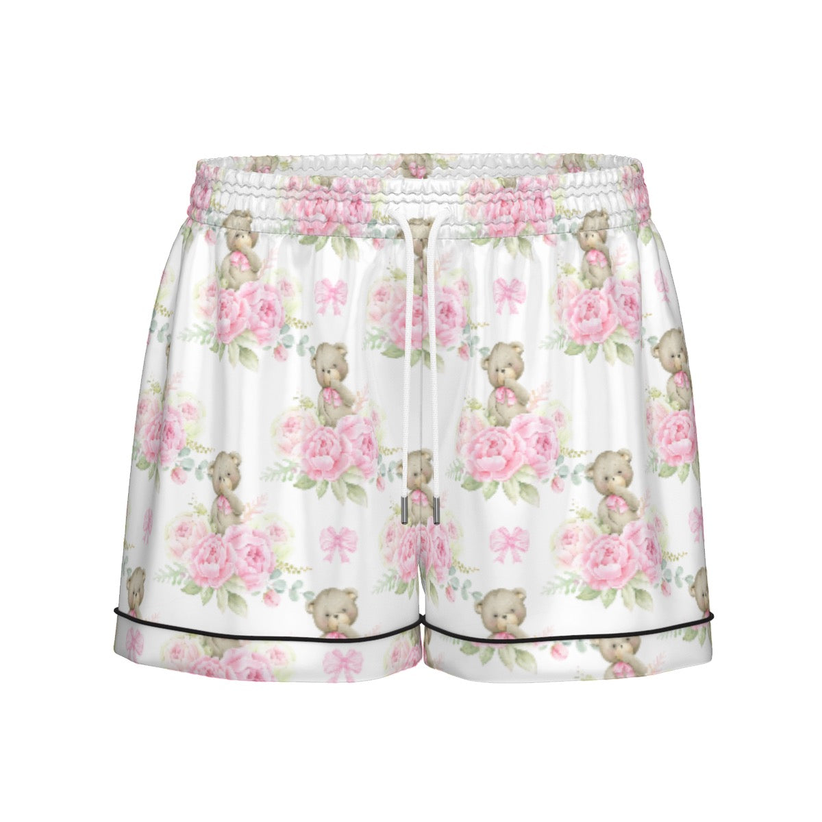 Pink Floral Teddy Bear Women's Pajama Set With Short Sleeve