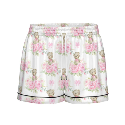 Pink Floral Teddy Bear Women's Pajama Set With Short Sleeve