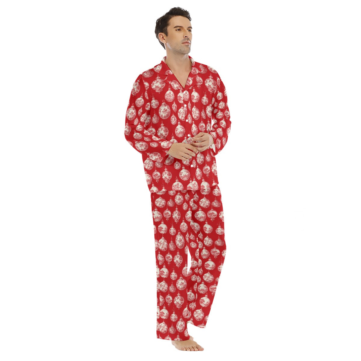 Red Toile Christmas Ornaments Men's Lapel Pajama Set